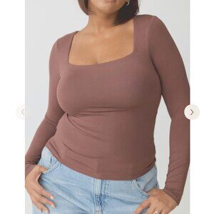 Solid Square Neck Braless Long Sleeve in Light Brown